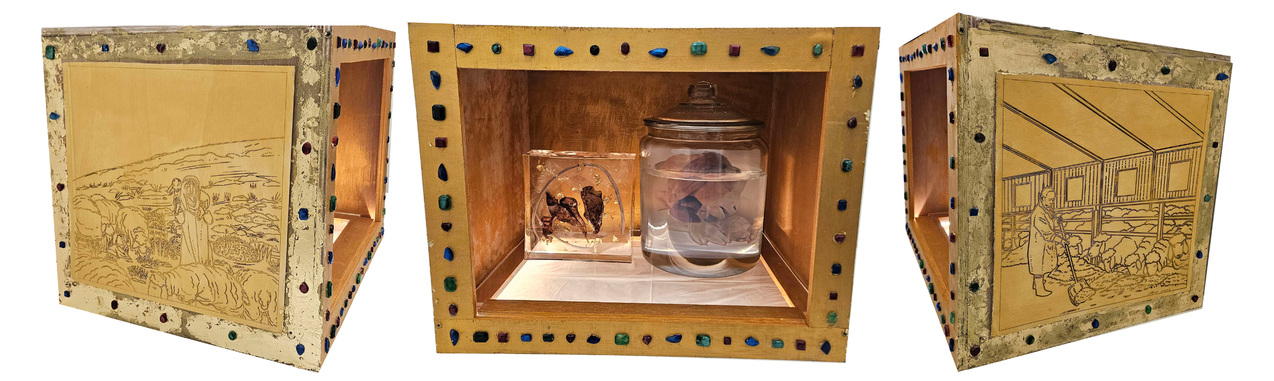 Reliquary for the Domestic Sheep Resin Gems, Gold Leaf, Paint, Transparent Print in Jar, Lamb Lungs, Lamb Bones and Sheep Pelt encased in Resin, Plexiglass and LED Light Strip in Wood Structure 2023