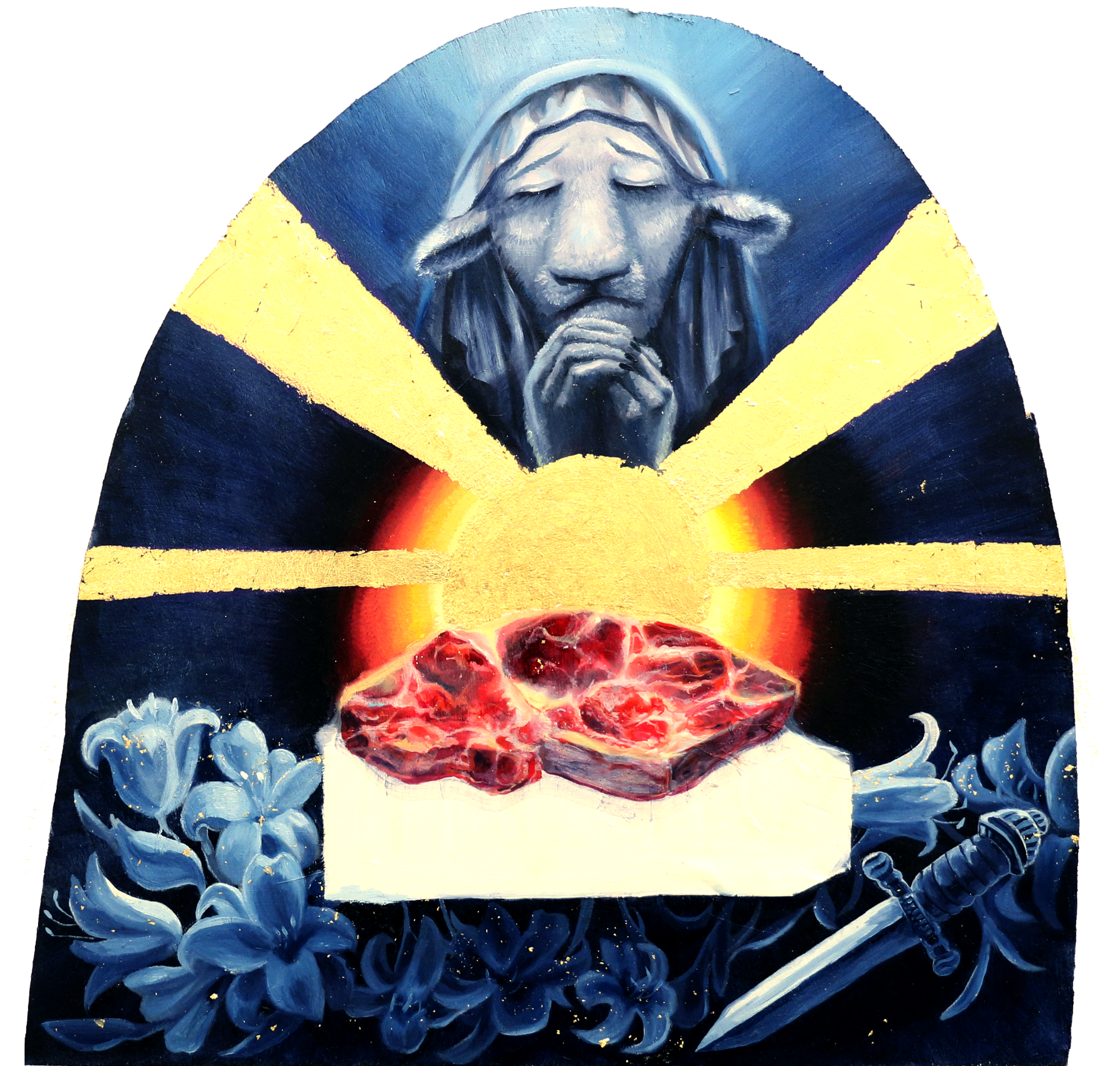 Lamb of God Oil, Gold Leaf and Receipt Paper on Wood 2023